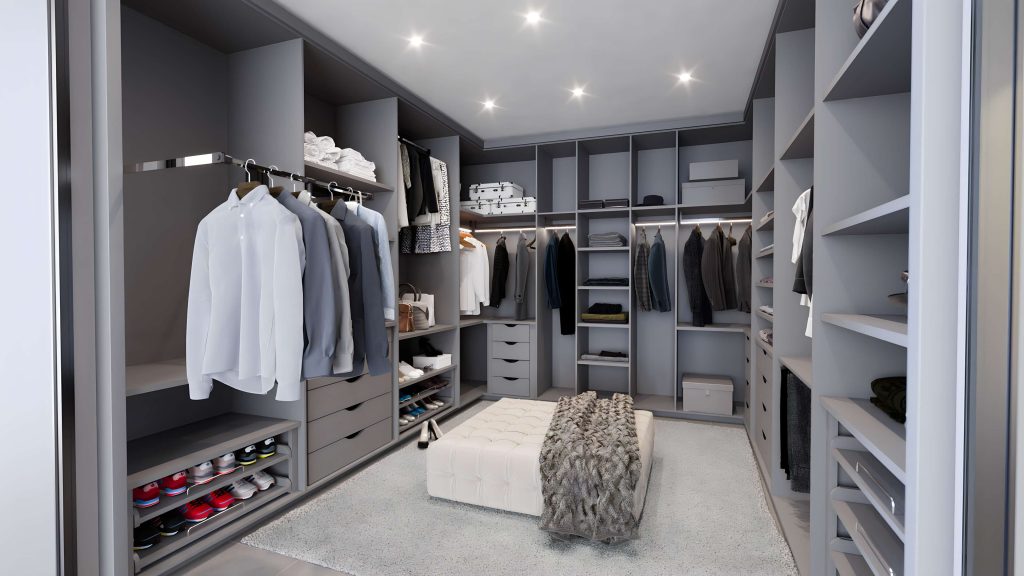 closet aberto planejado cinza claro