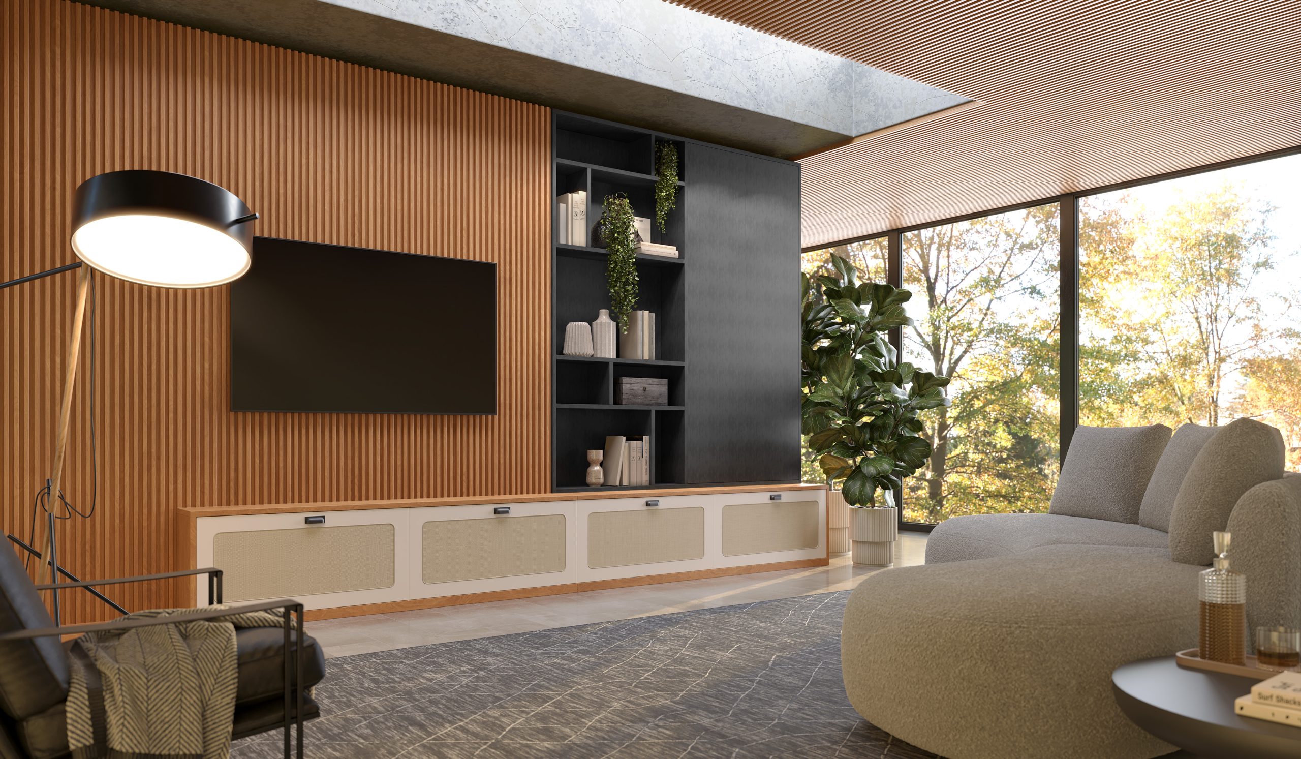 Lançamentos Finger Móveis Planejados - 2024 - Sala de estar - living - Estilo Japandi - ripado, porta palha, madeira com cinza chumbo metalizado - painel ripado na decoração