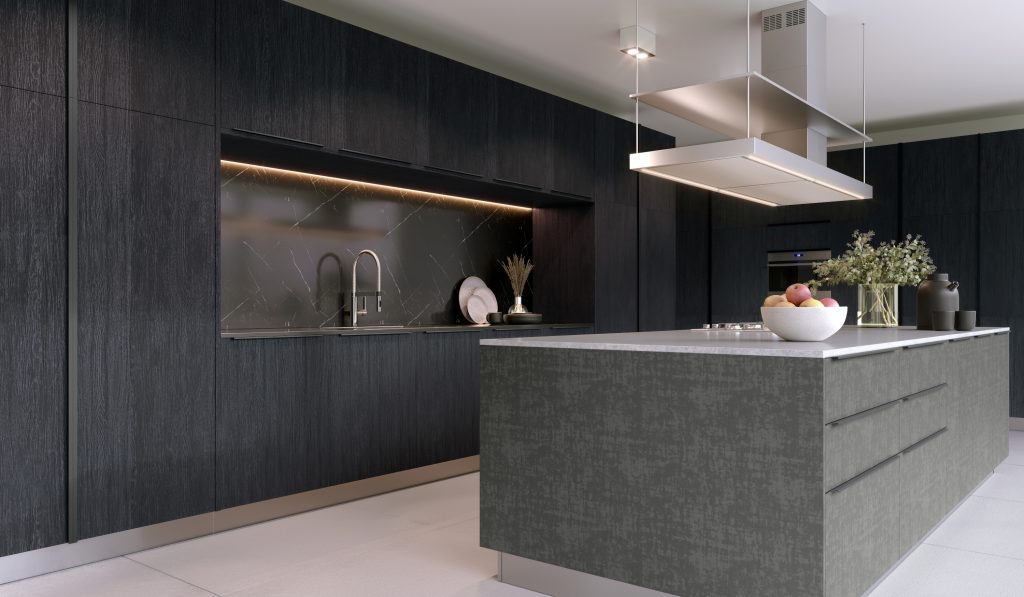 Lançamentos Finger Móveis Planejados - 2024 - Cozinha Integrada de Luxo com ilha, Vulkan Slate, design europeu,