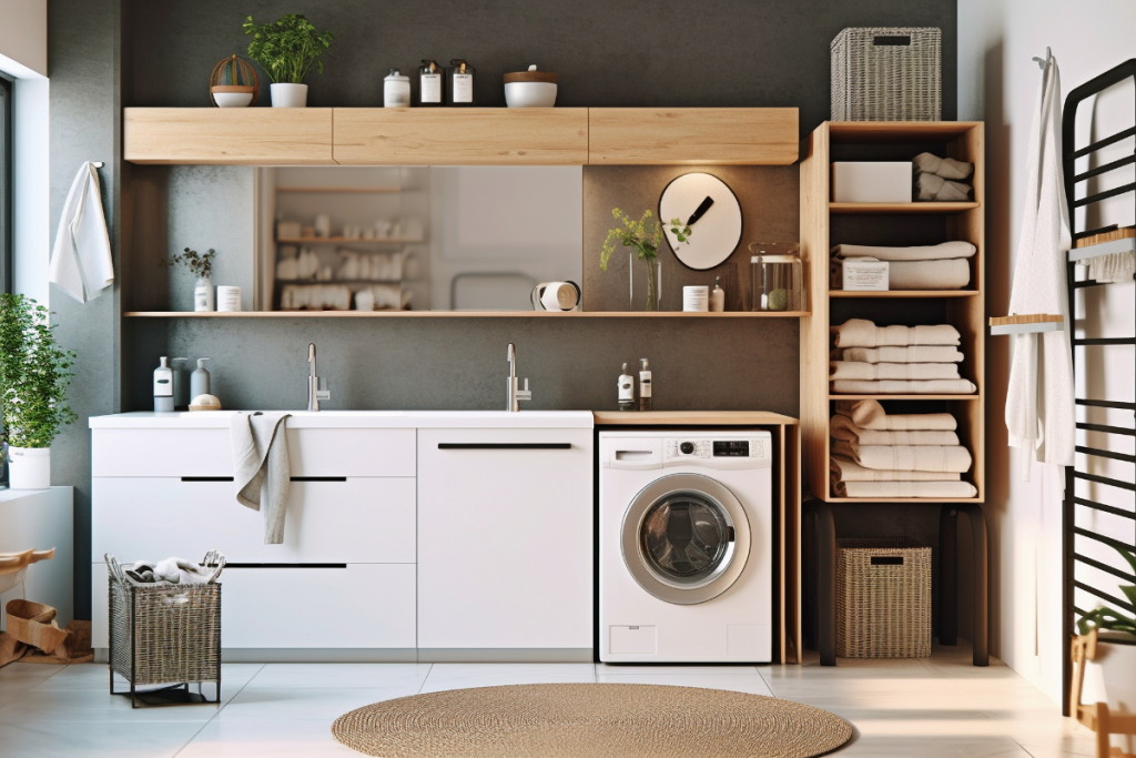 O segredo de uma lavanderia de luxo funcional está na fusão perfeita entre design, organização e tecnologia. A imagem mostra uma lavanderia funcional com móveis planejados que otimizam o espaço. A máquina de lavar com abertura frontal está embutida no projeto.