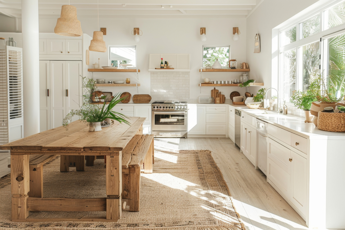 Cozinha no estilo escandinava com bastante iluminação natural. A cozinha planejada é em formato L contornando todo o ambiente. Ao centro uma mesa de madeira maciça rústica.